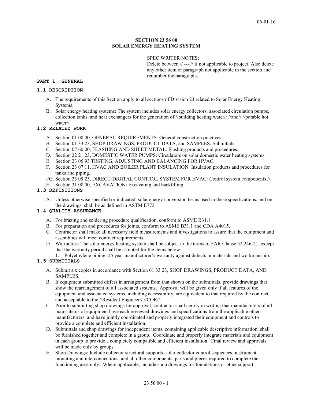 Section 23 56 00, Solar Energy Heating System