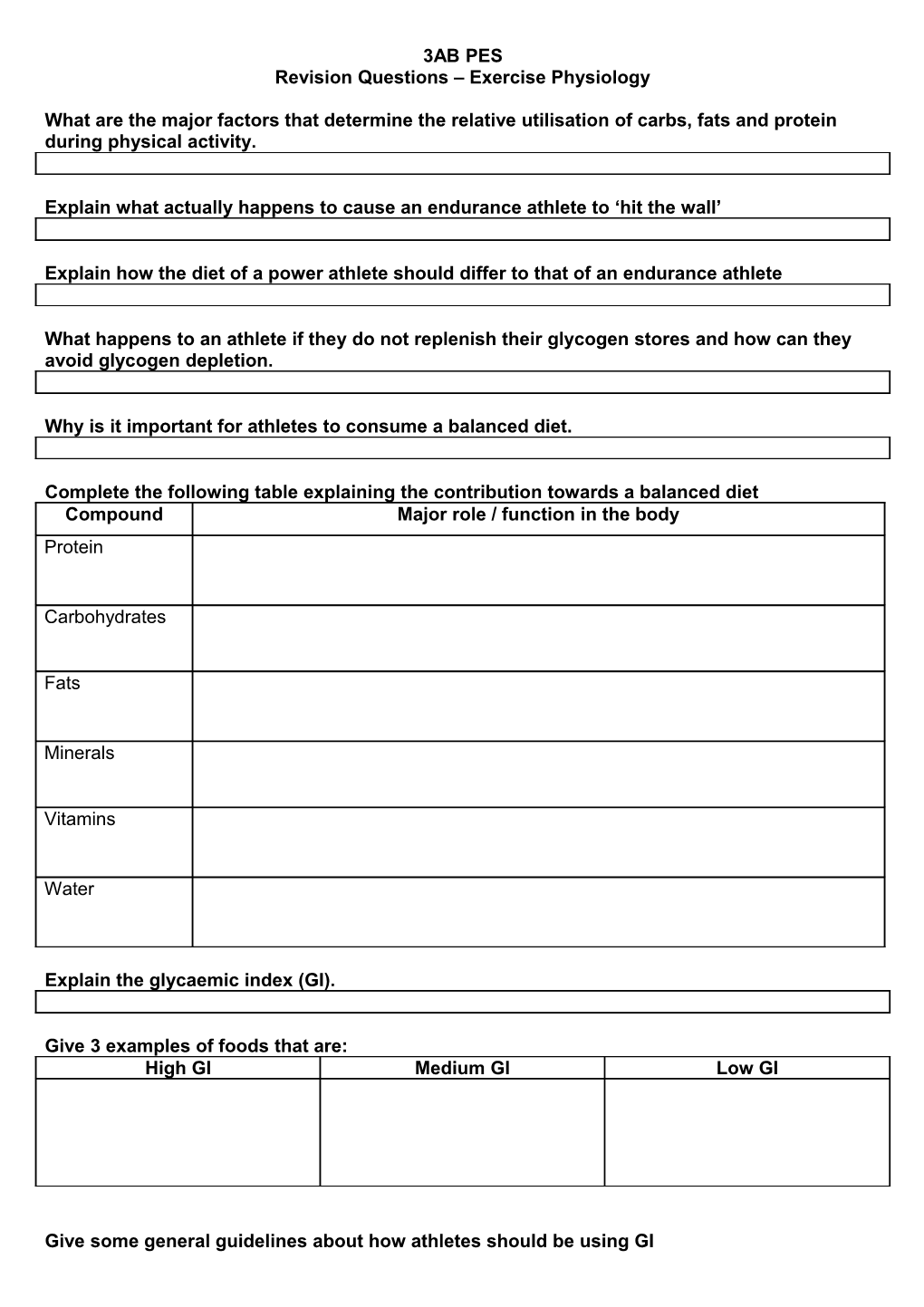 Revision Questions Exercise Physiology