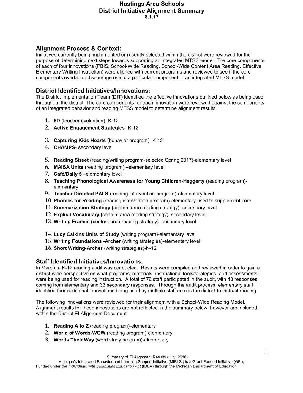 District Initiative Alignment Summary