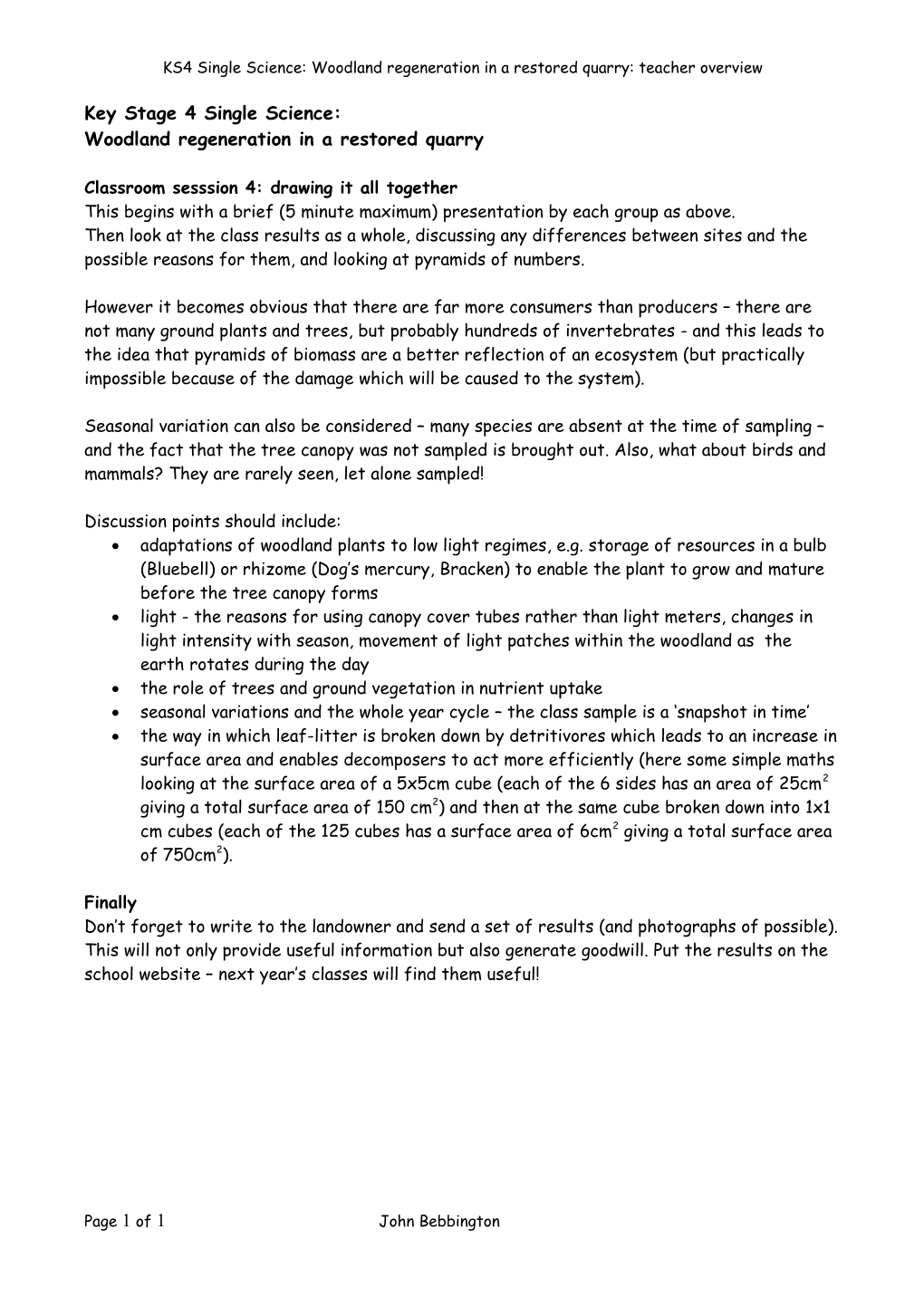 KS4 Single Science: Woodland Regeneration in a Restored Quarry: Teacher Overview