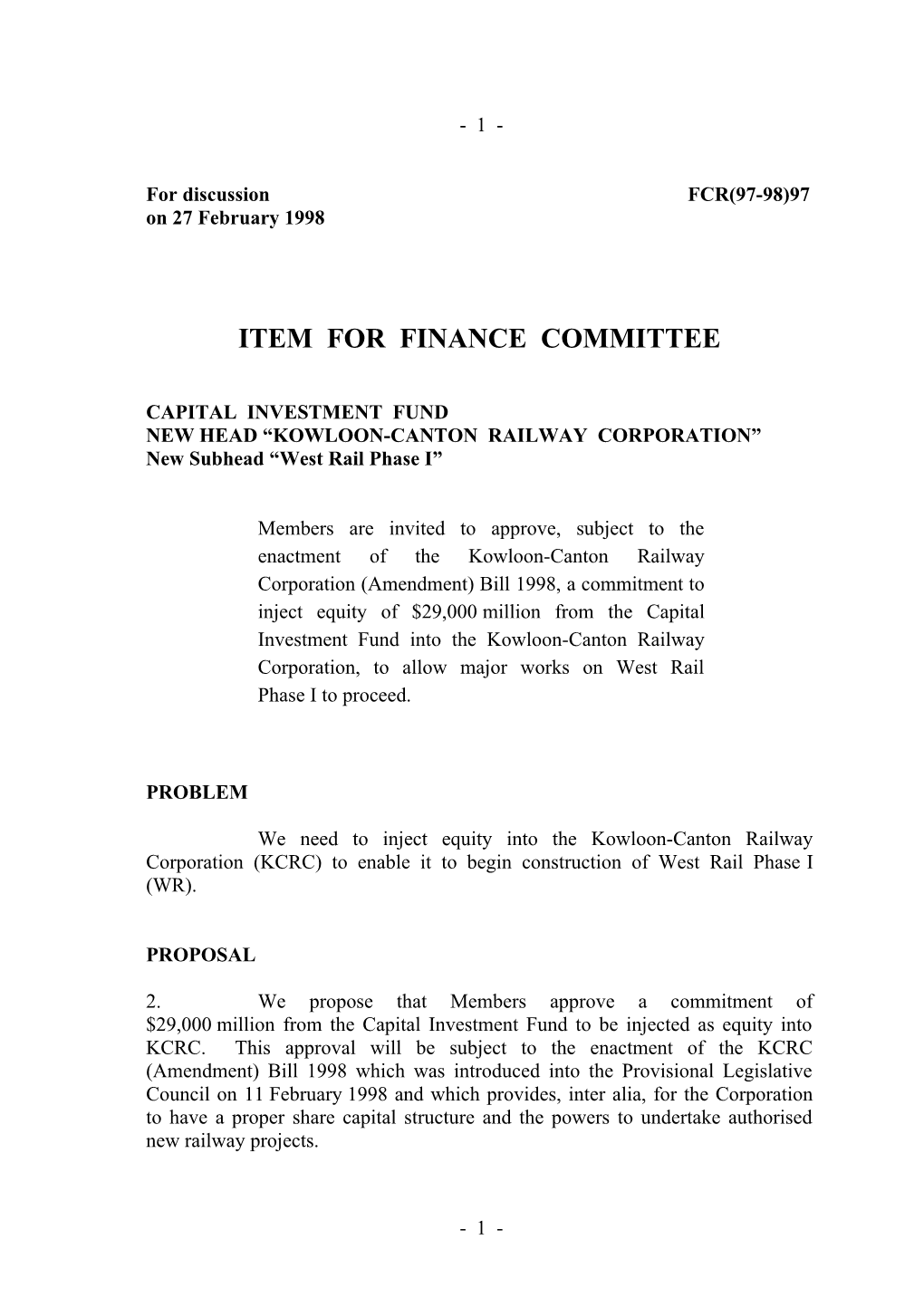 Item for Finance Committee