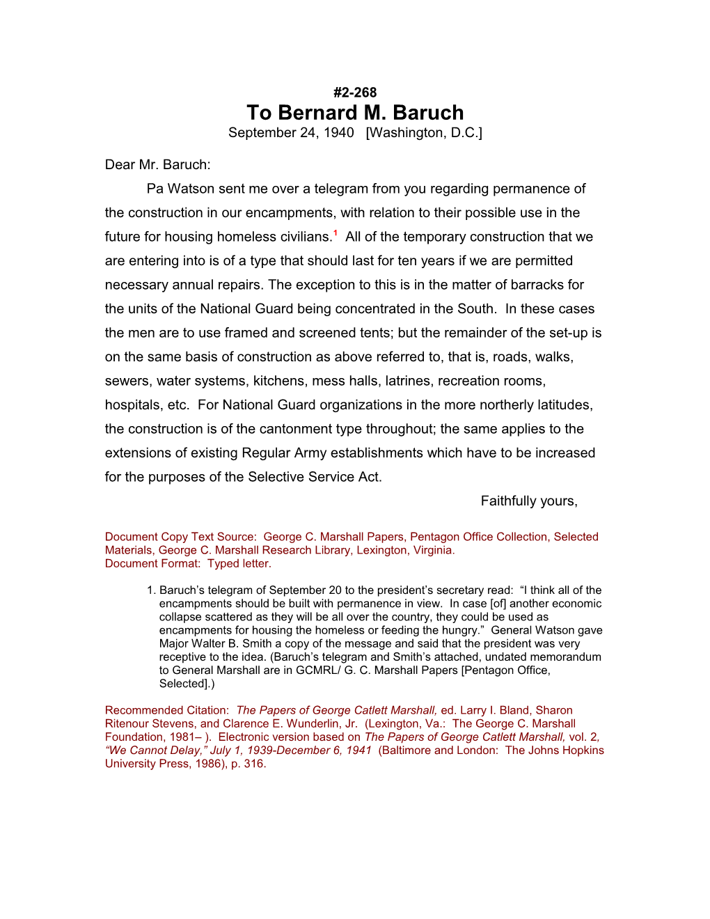 To Bernard M. Baruch