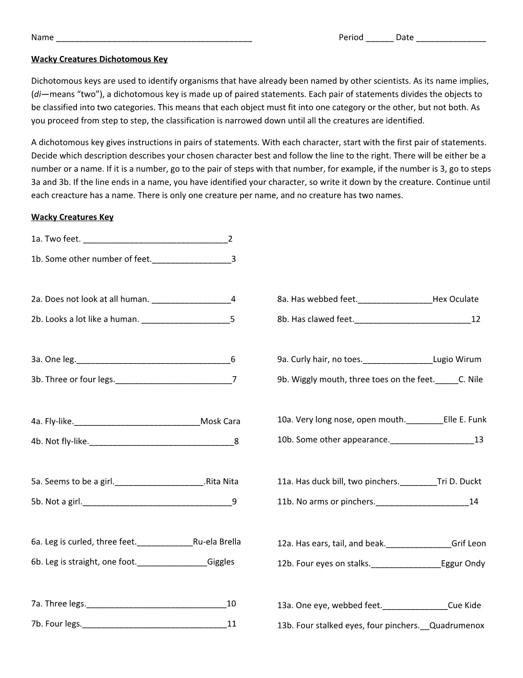 Wacky Creatures Dichotomous Key