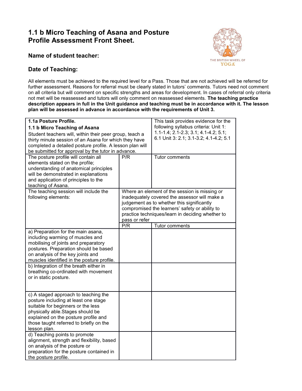 Profile Assessment Front Sheet