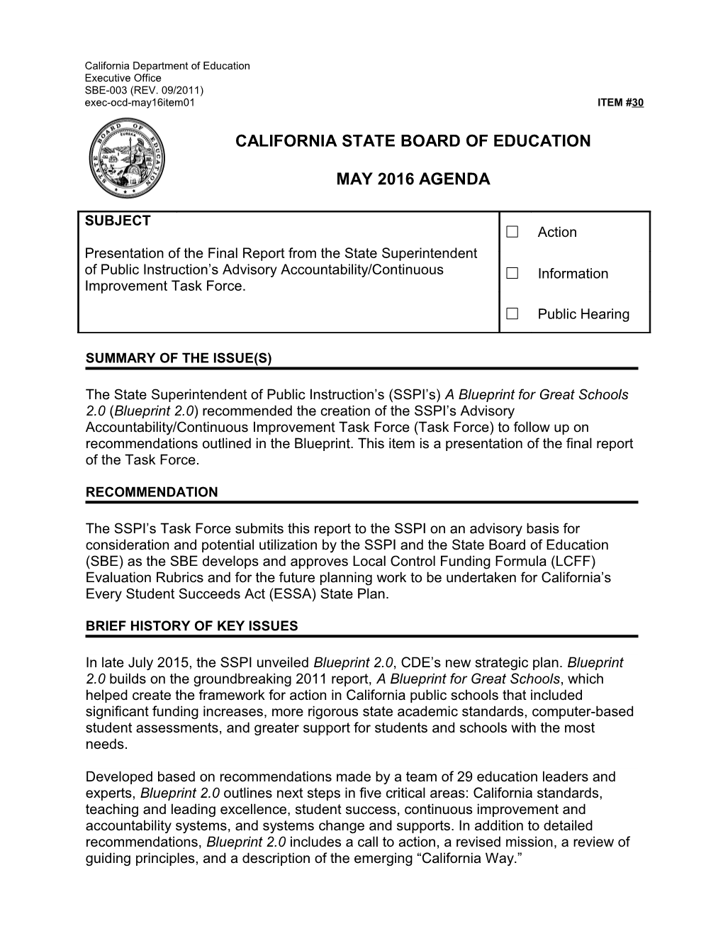 May 2016 Agenda Item 30 - Meeting Agendas (CA State Board of Education)