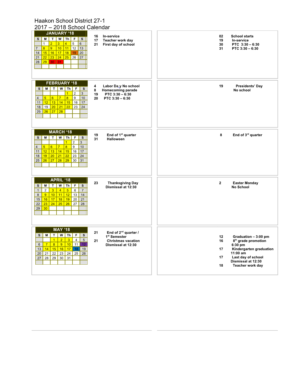 2017-18 Yearly School Calendar - Calendarlabs.Com