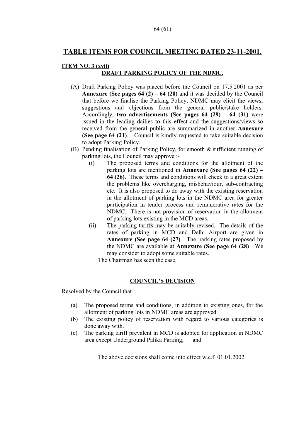 Table Items for Council Meeting Dated 23-11-2001