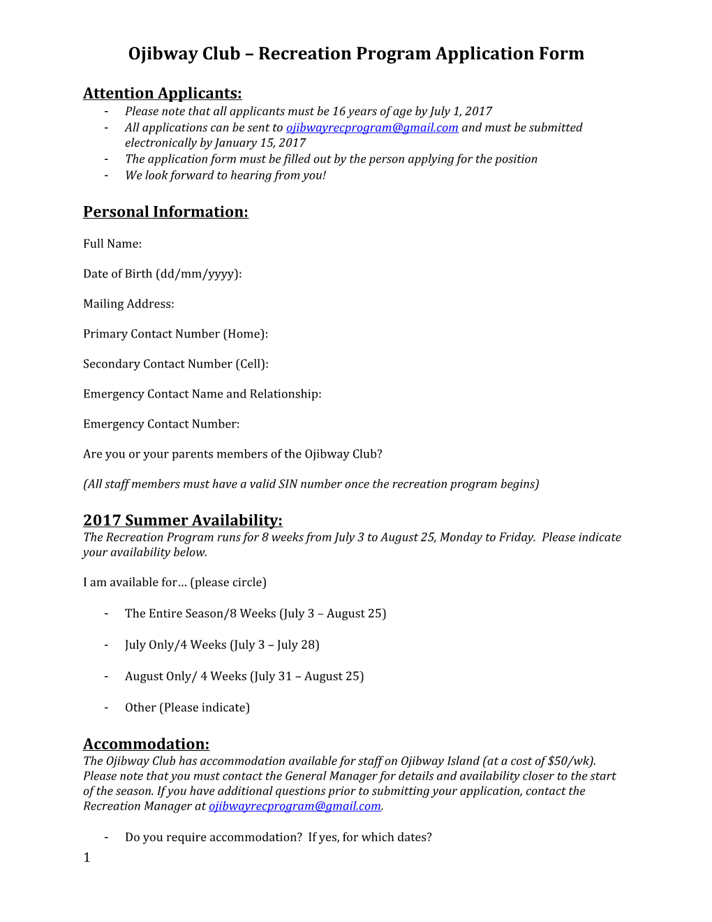 Ojibway Club Recreation Program Application Form