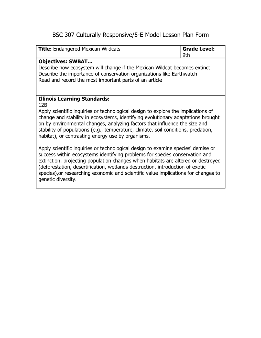 BSC 307 Culturally Responsive/5-E Model Lesson Plan Form