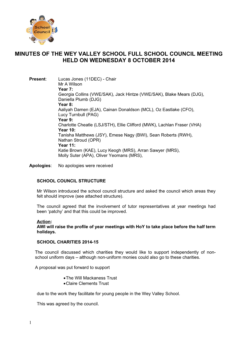 Minutes of the Wey Valley School Full School Council Meeting