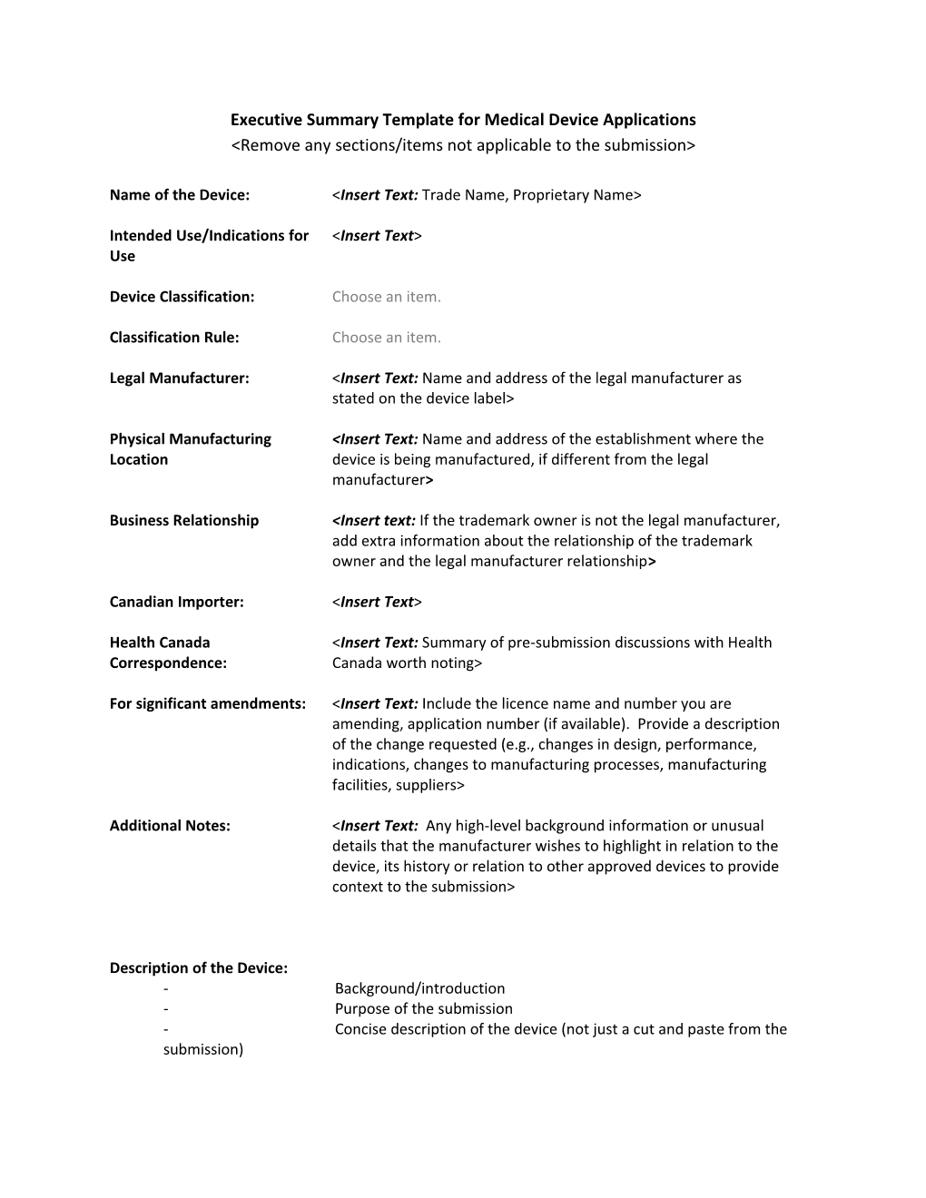 Executive Summary Template for Medical Device Applications