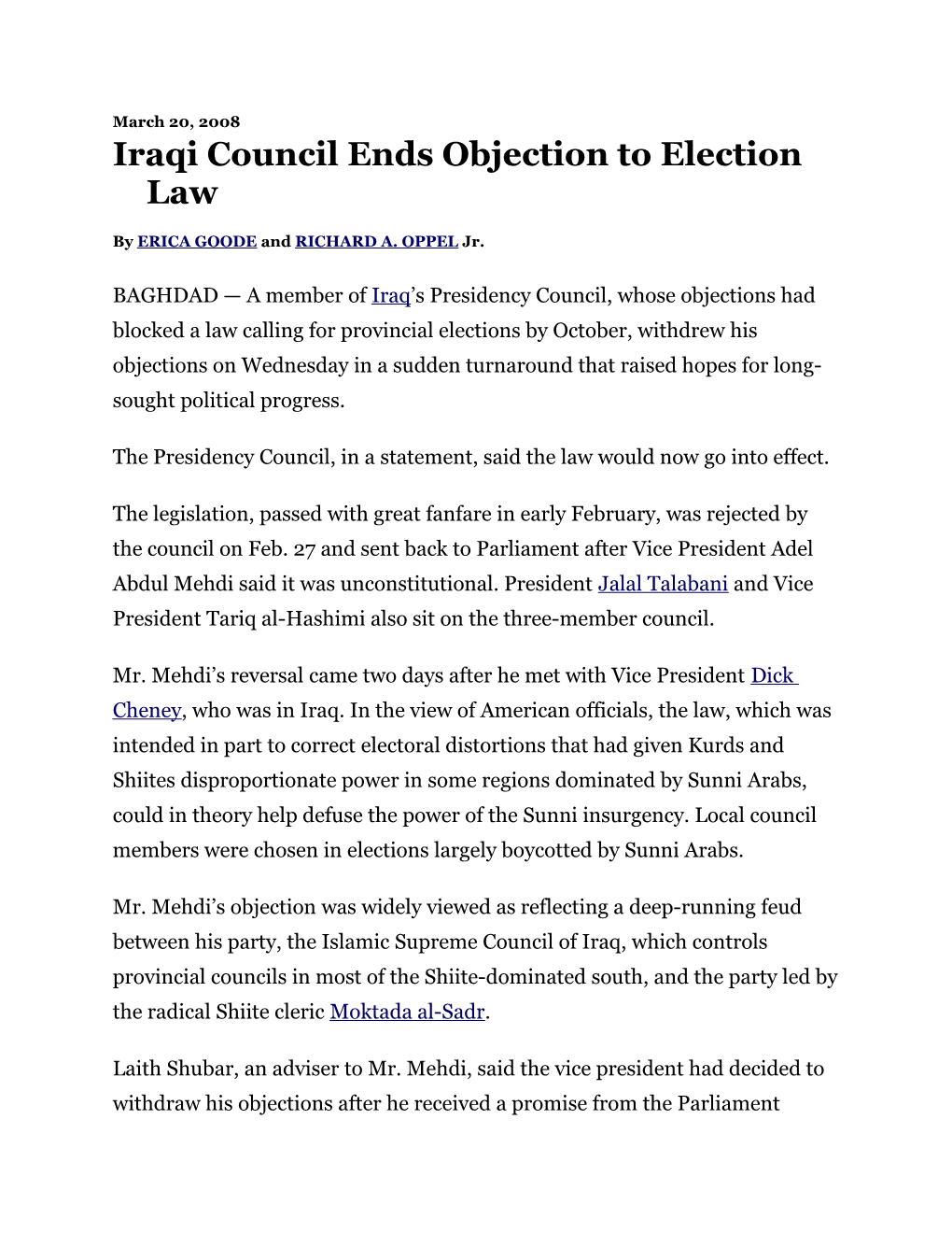 Iraqi Council Ends Objection to Election Law