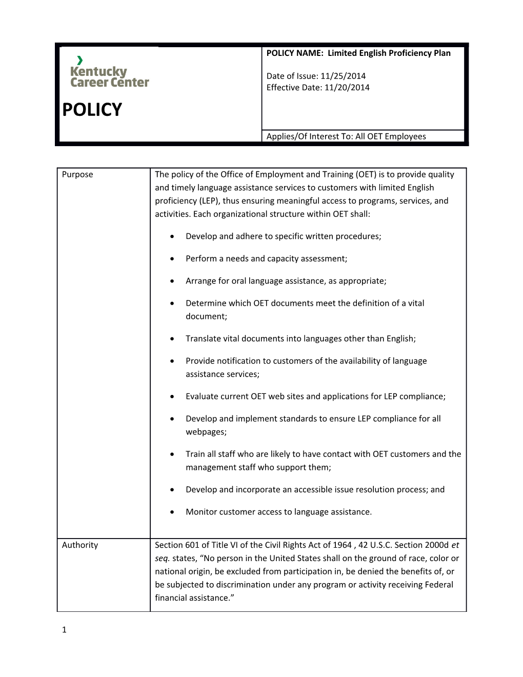 Limited English Proficiency Plan