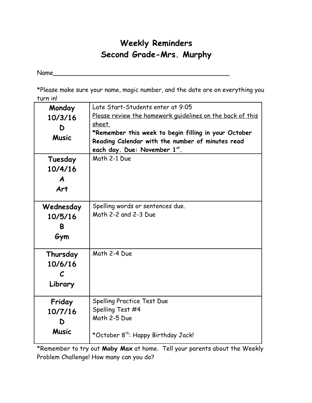 Second Grade-Mrs. Murphy