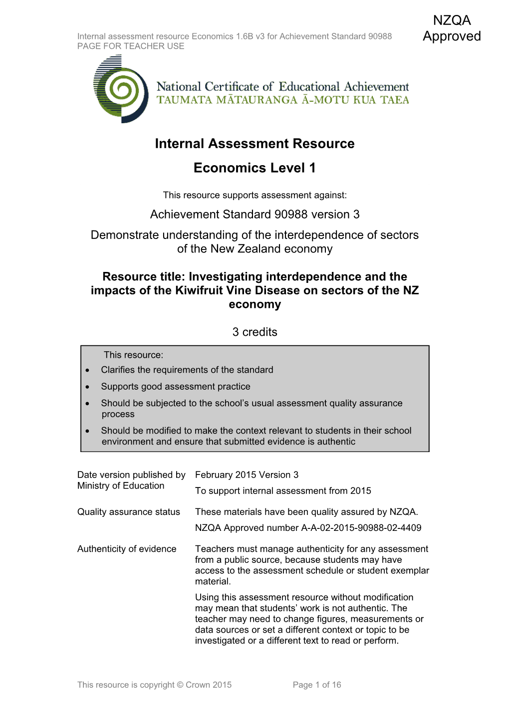 Level 1 Economics Internal Assessment Resource