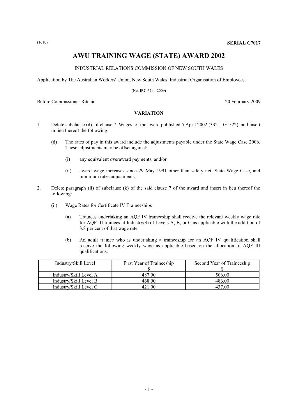 AWU Training Wage (State) Award 2002