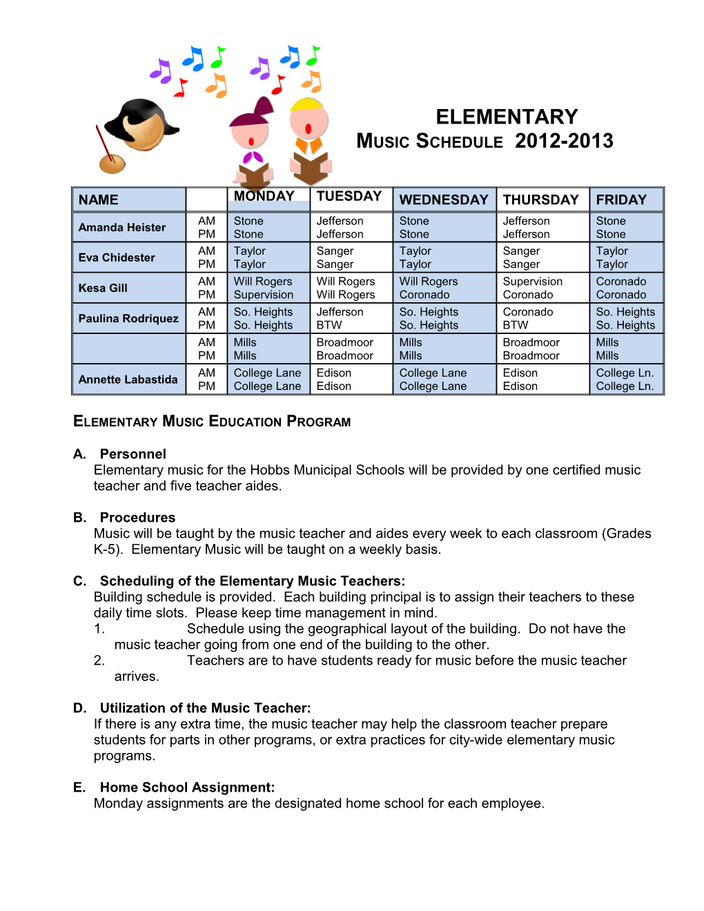 Elementary Music Schedule