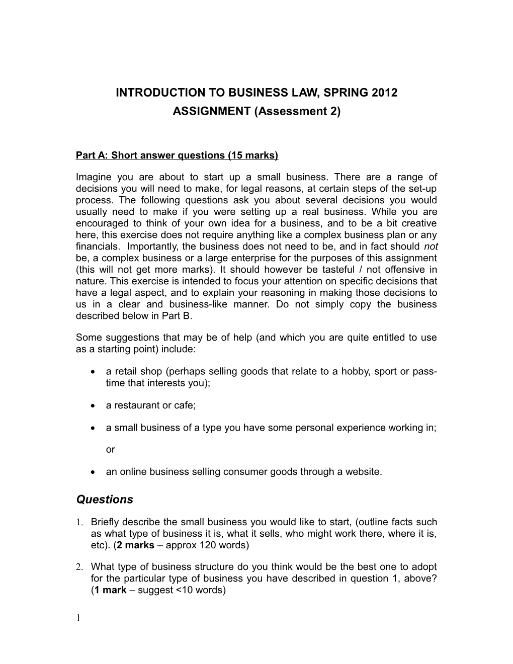 Introduction to Business Law, Spring 2012