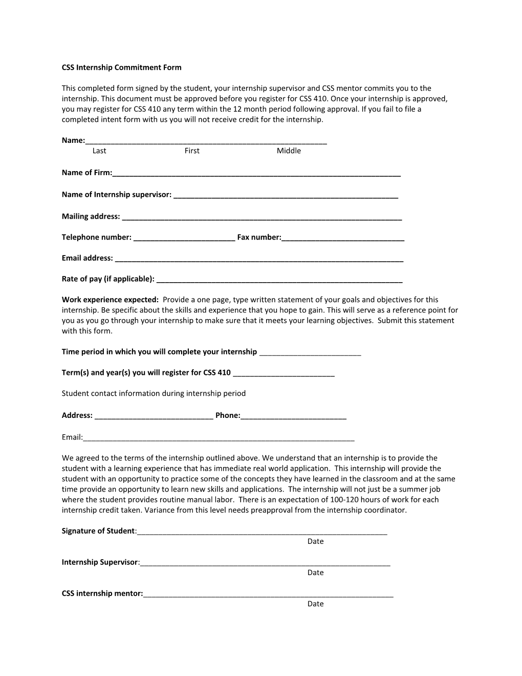 CSS Internship Commitment Form