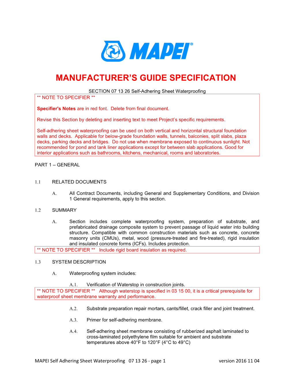 Manufacturer S Guide Specification