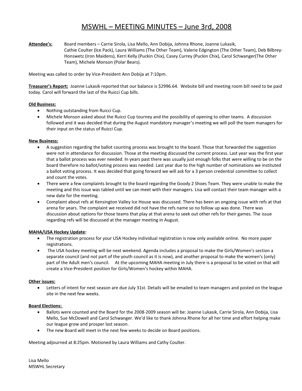 Mswhl Meeting Minutes - December 19Th, 2007