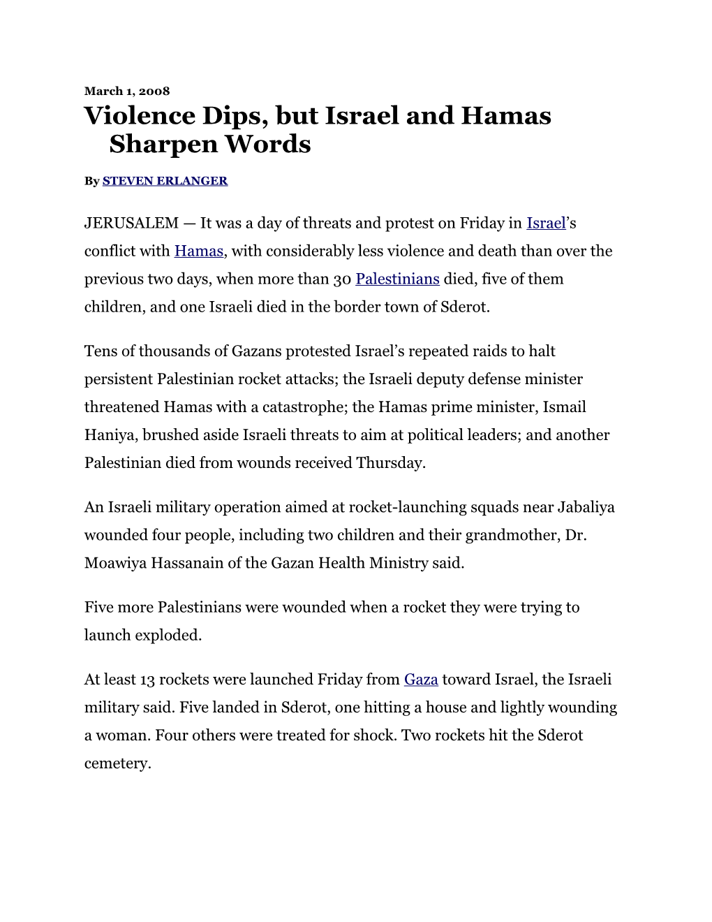 Violence Dips, but Israel and Hamas Sharpen Words