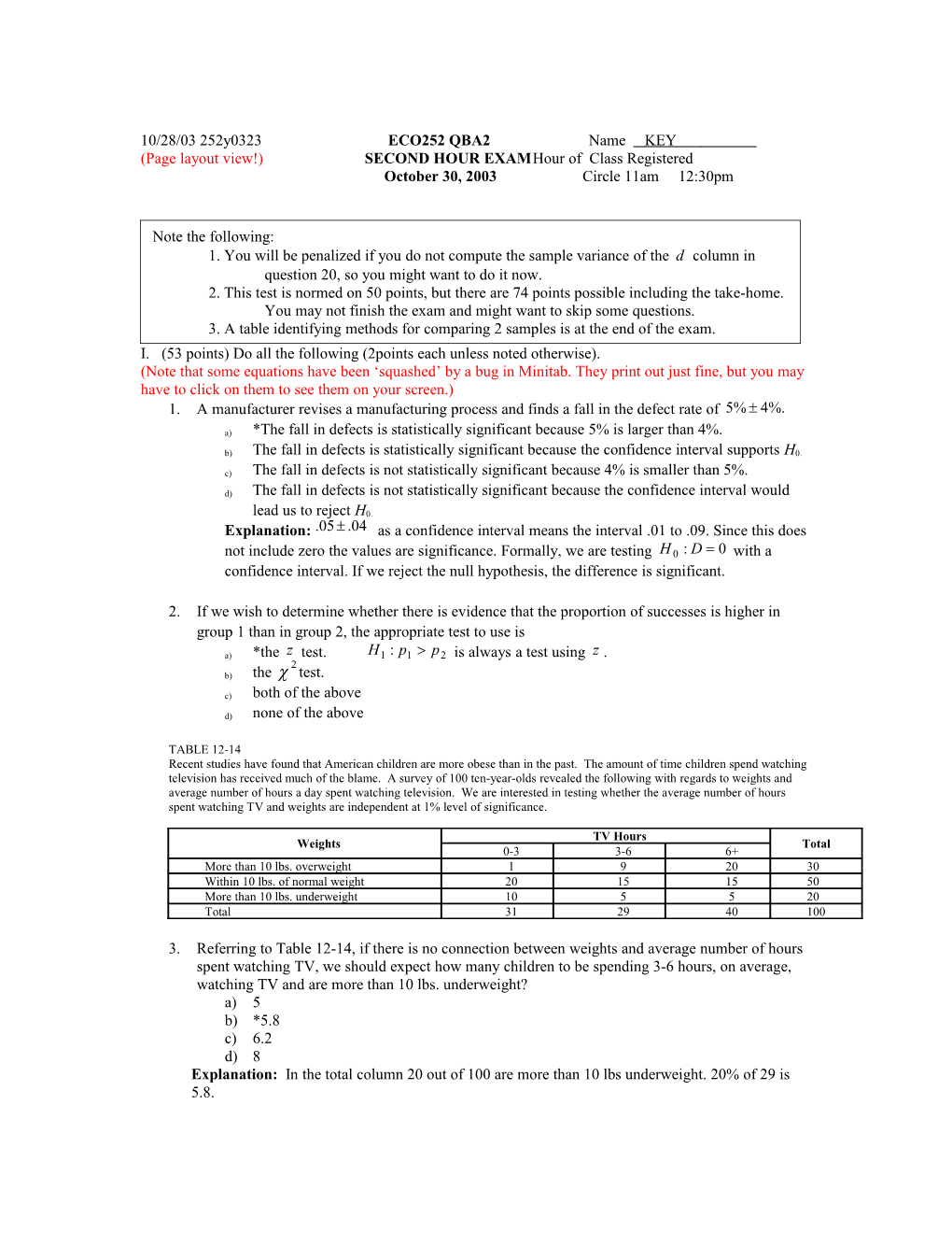 (Page Layout View!) SECOND HOUR EXAM Hour of Class Registered