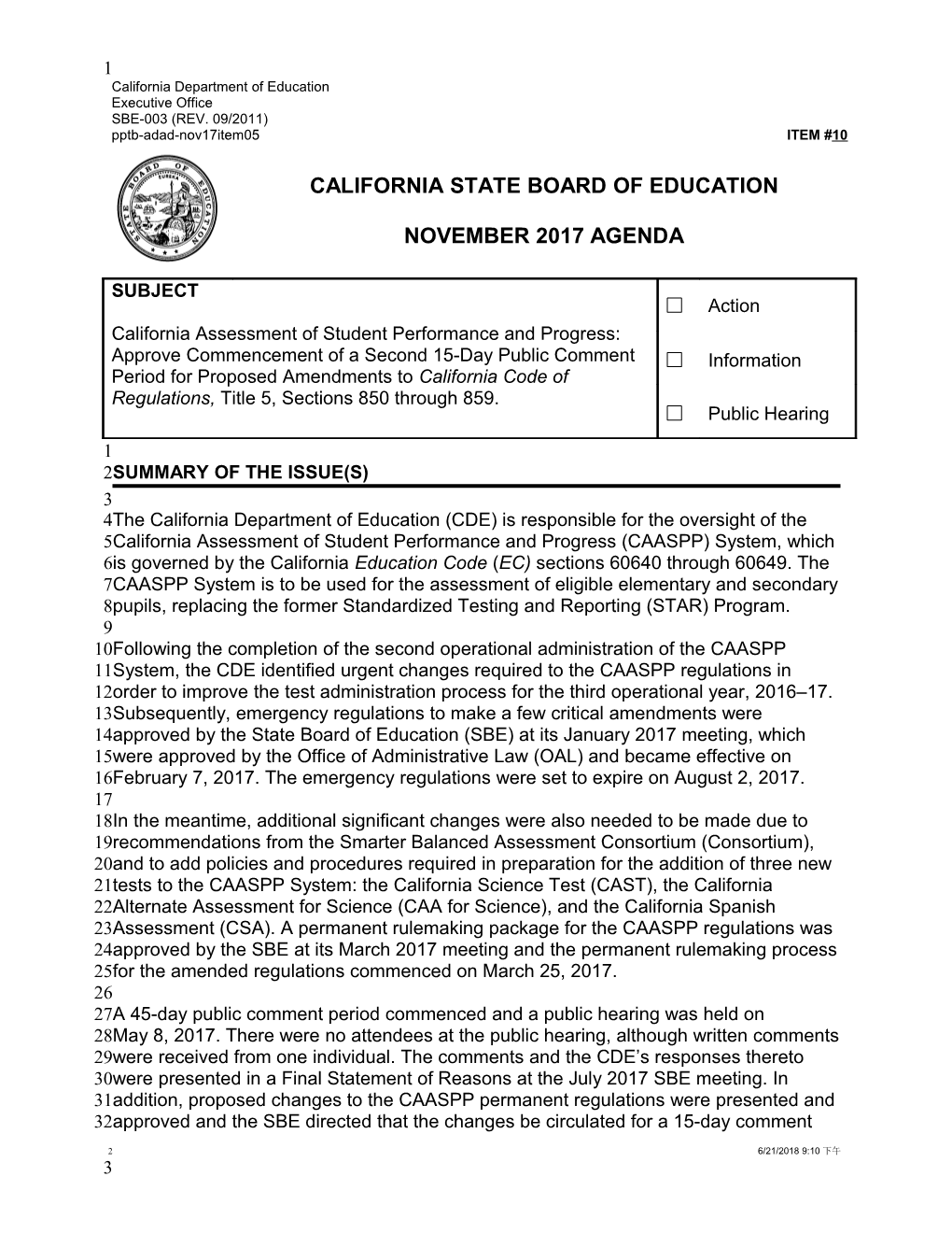 November 2017 Agenda Item 10 - Meeting Agendas (CA State Board of Education)