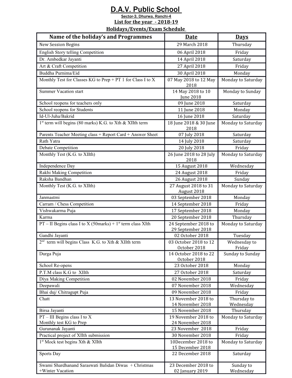 Holidays/Events/Exam Schedule