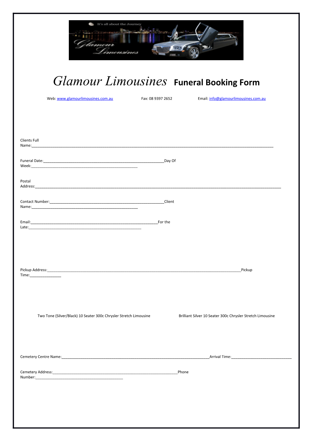 Glamour Limousines Funeral Booking Form