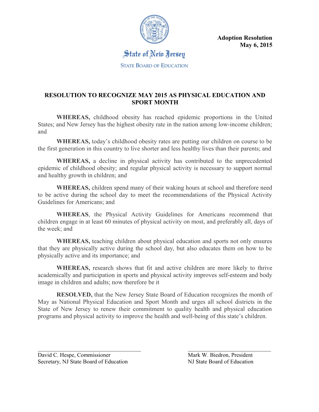 Resolution to Recognize May 2015 As Physical Education and Sport Month