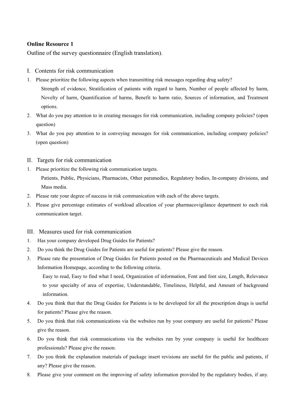 Outline of the Survey Questionnaire (English Translation)