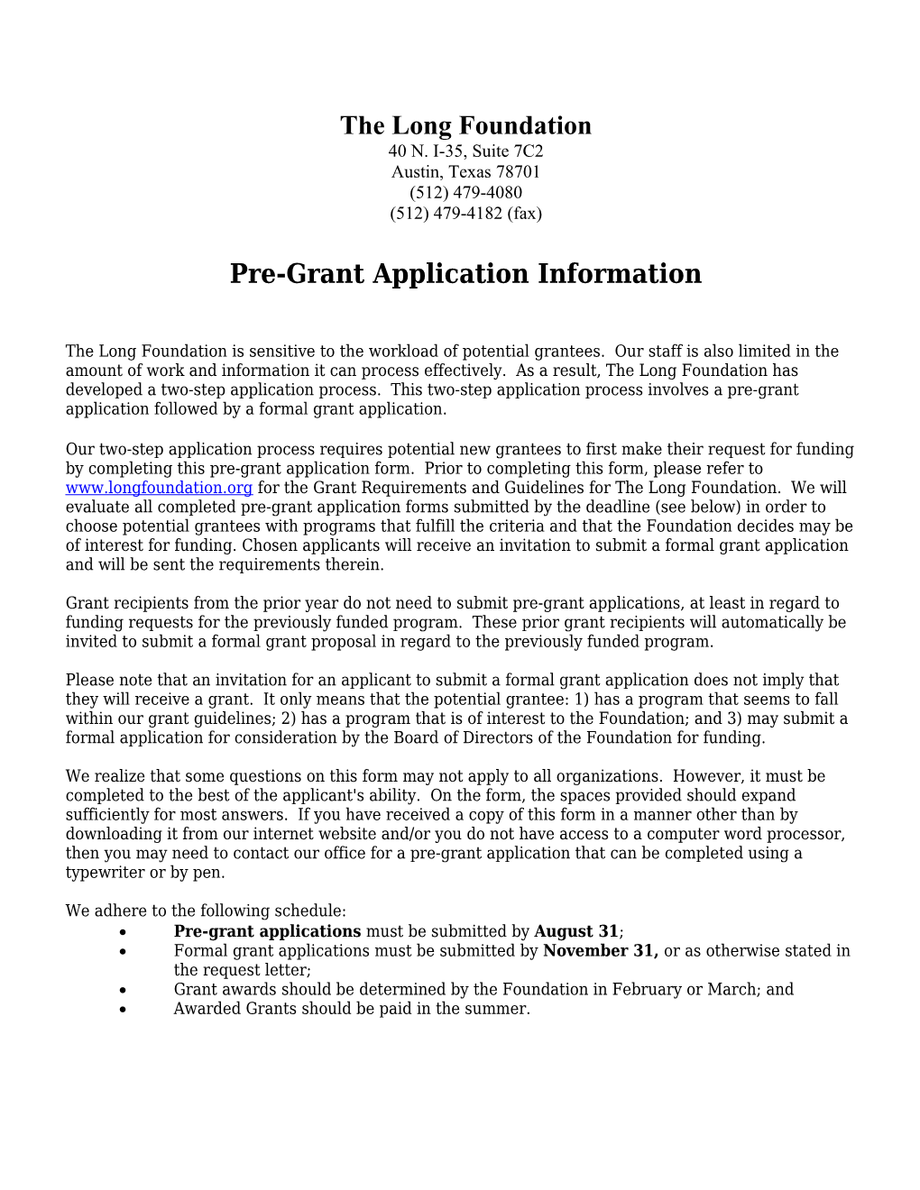 Family Foundation Pre-Grant Application Form