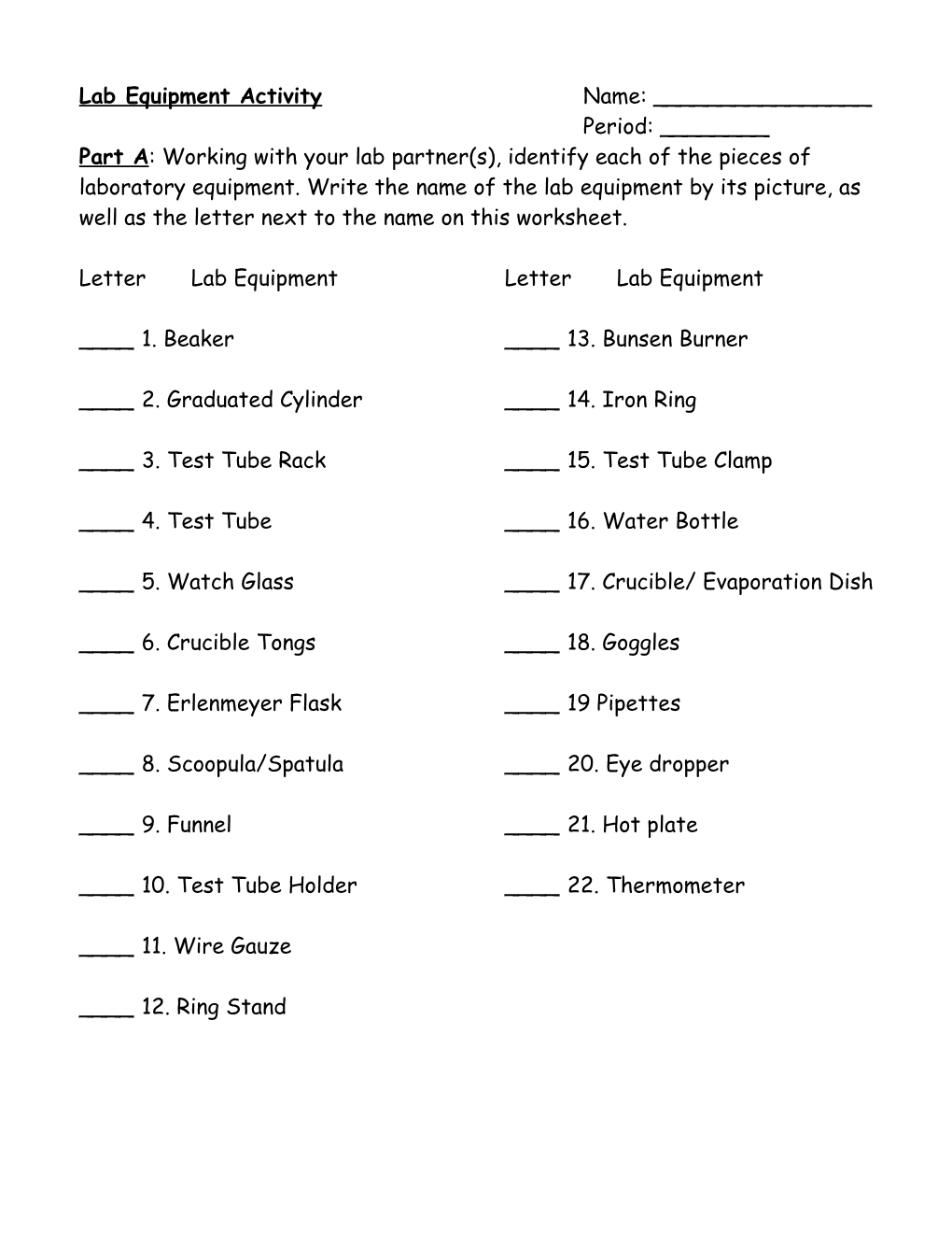 Lab Equipment Activity