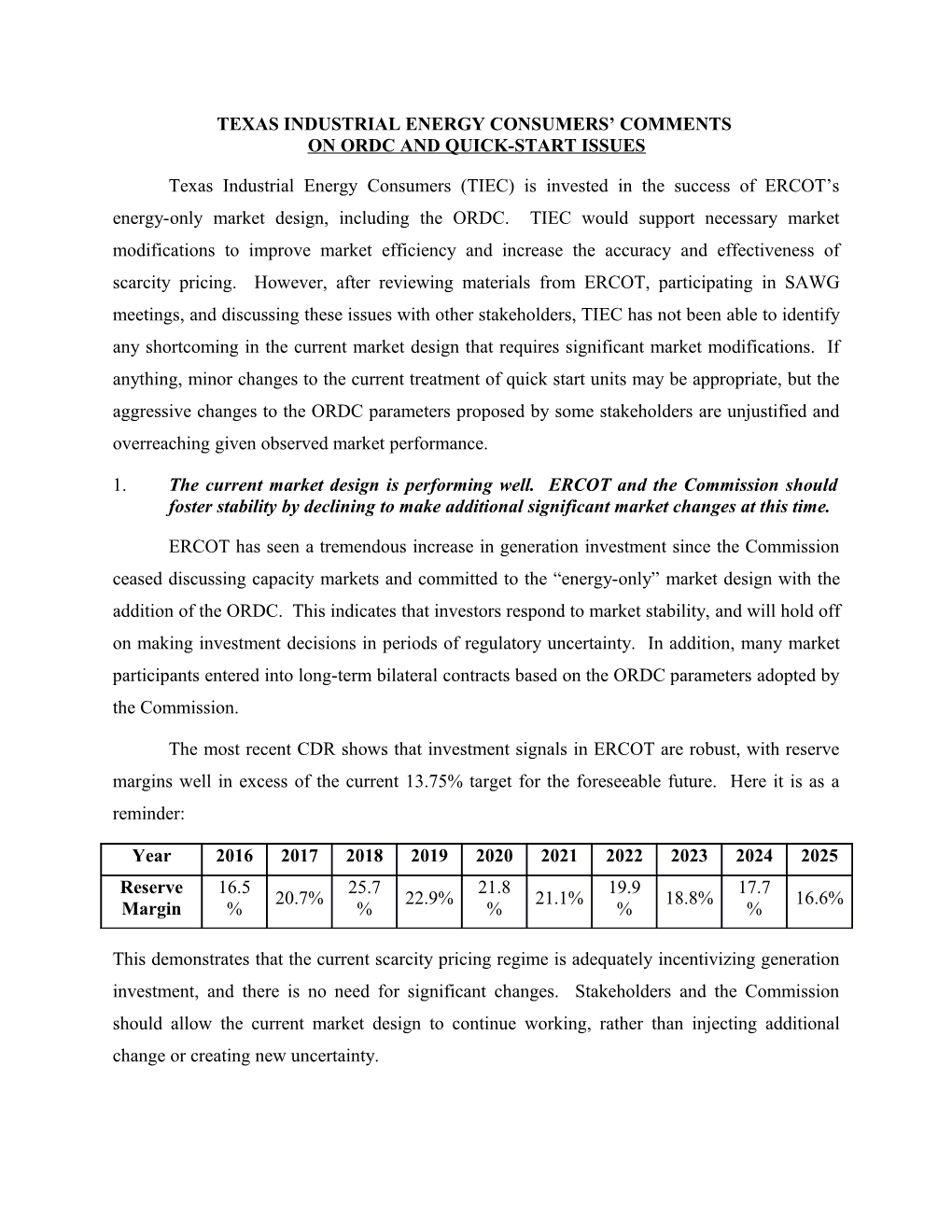 Texas Industrial Energy Consumers Comments on Ordc and Quick-Start Issues