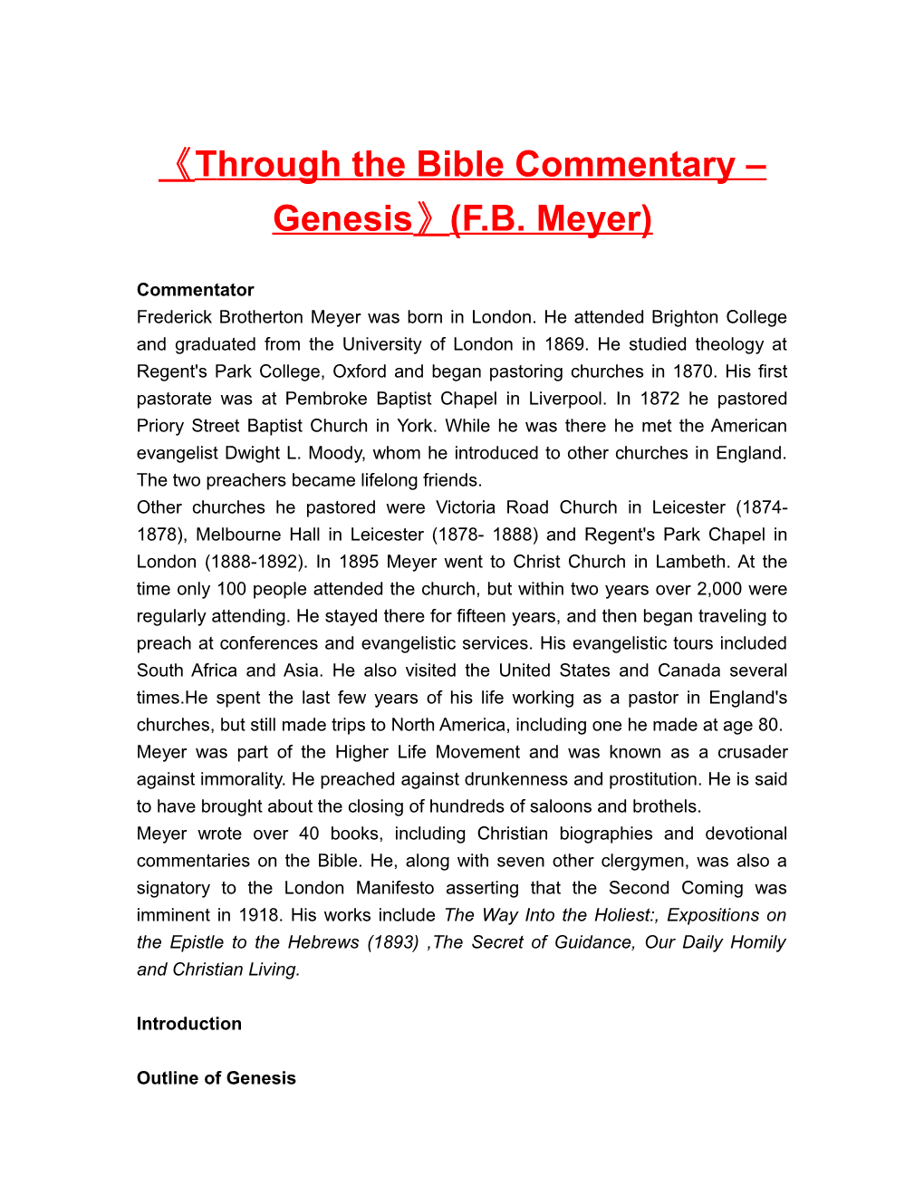 Through the Bible Commentary Genesis (F.B. Meyer)
