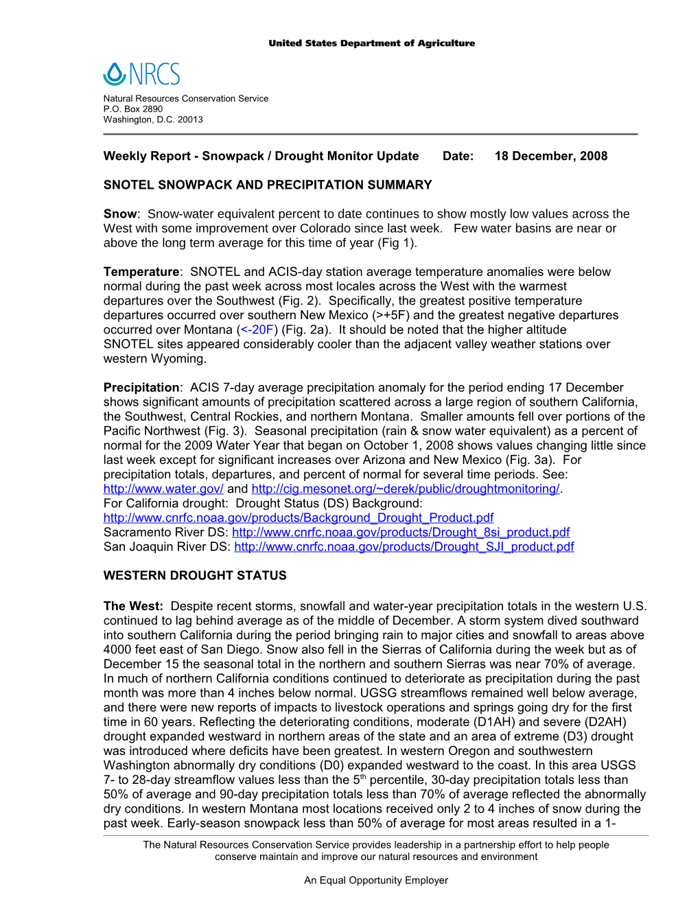 Weekly Report Drought Monitor / Snowpack Update s10