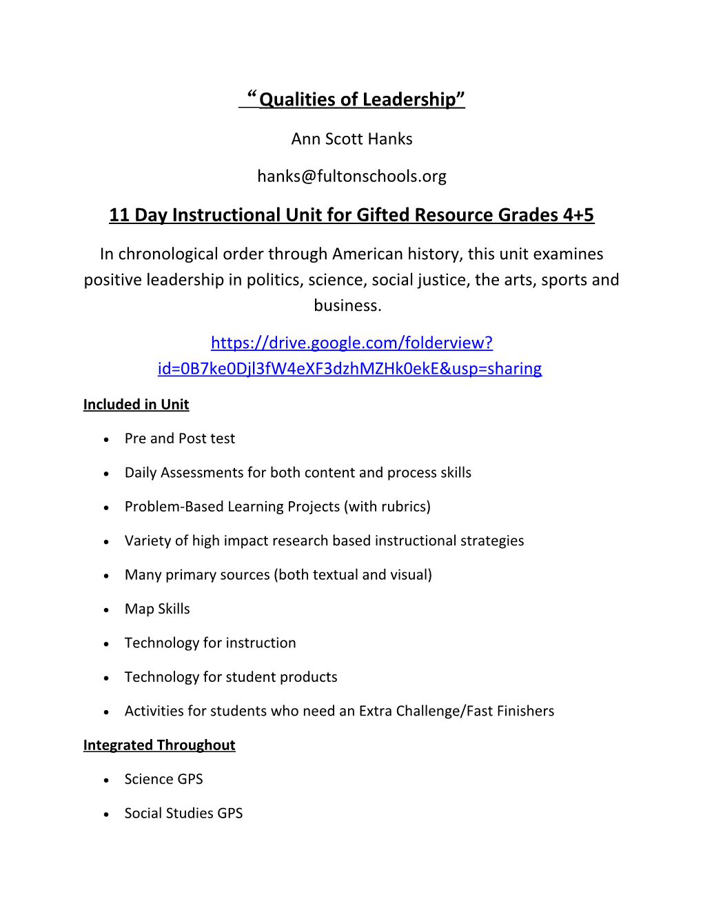 11 Day Instructional Unit for Gifted Resource Grades 4+5