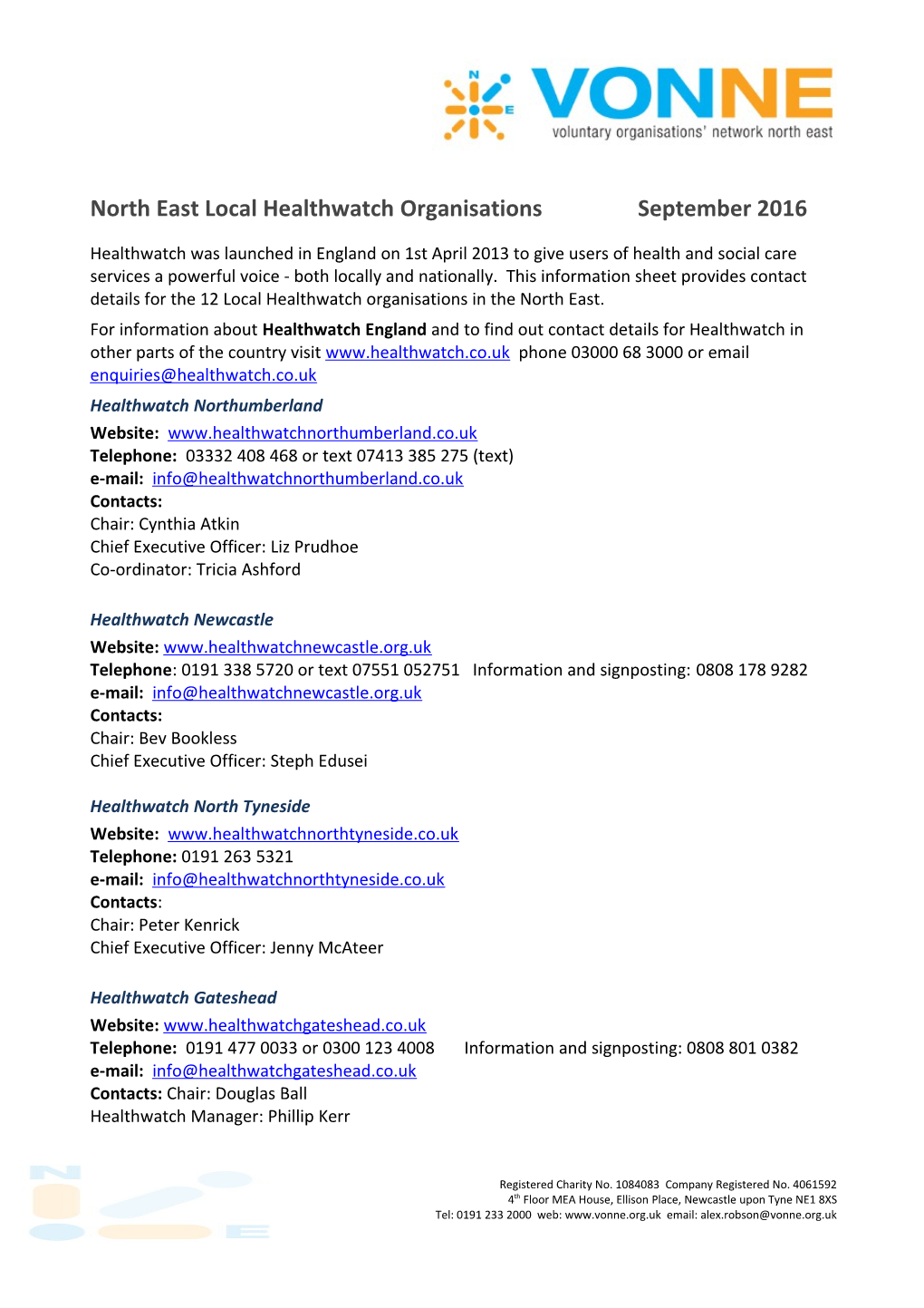 North East Local Healthwatch Organisations September 2016