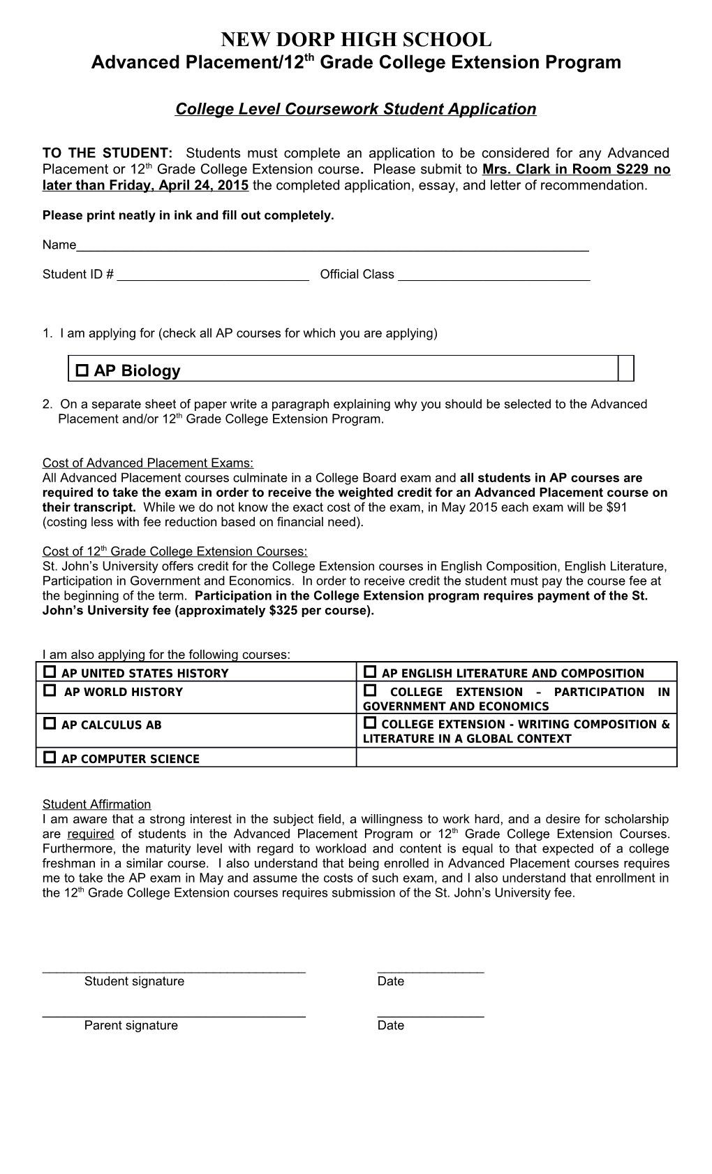 Advanced Placement/12Th Grade College Extension Program