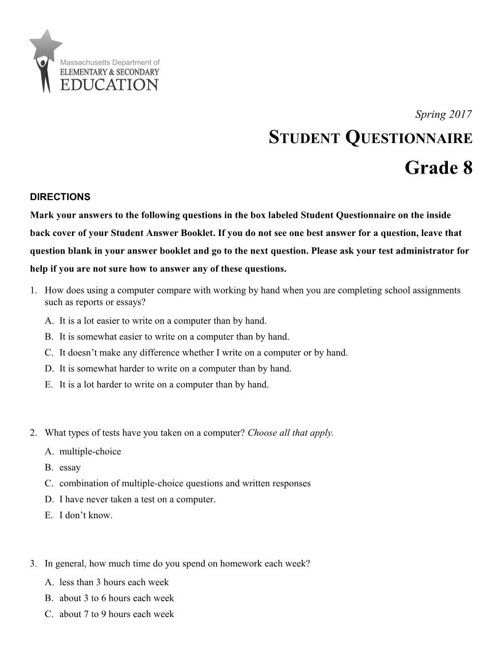 MCAS Grade 8 Questionnaire Spring 2017