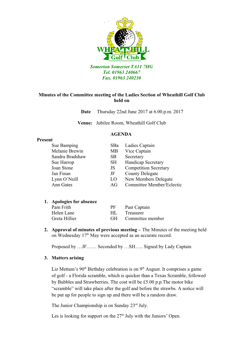 Minutes of the Committee Meeting of the Ladies Section of Wheathill Golf Club Held On