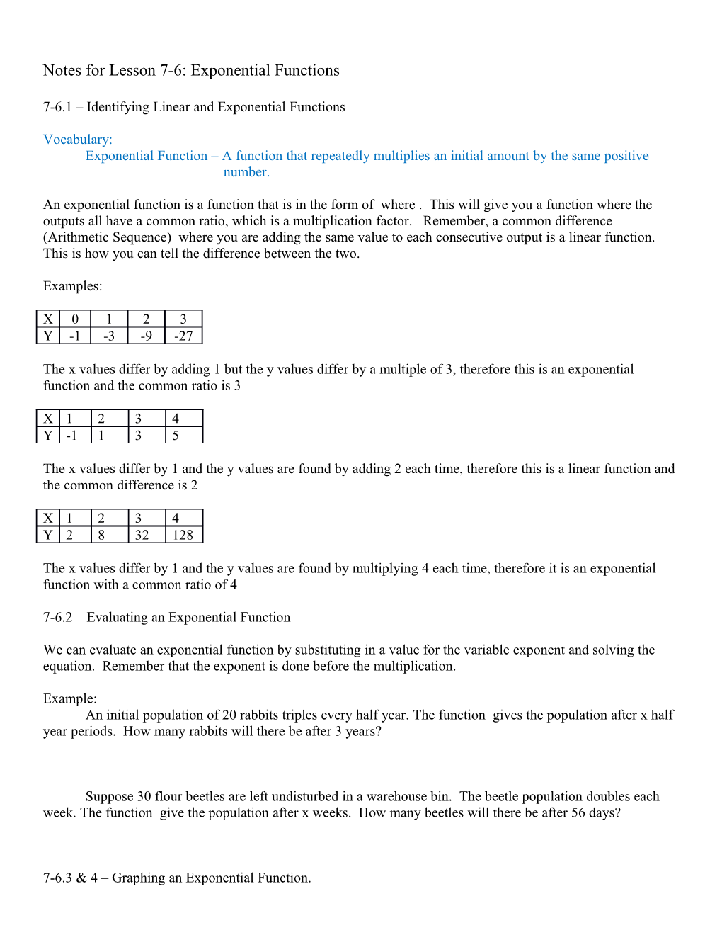 Notes for Lesson 7-6: Exponential Functions