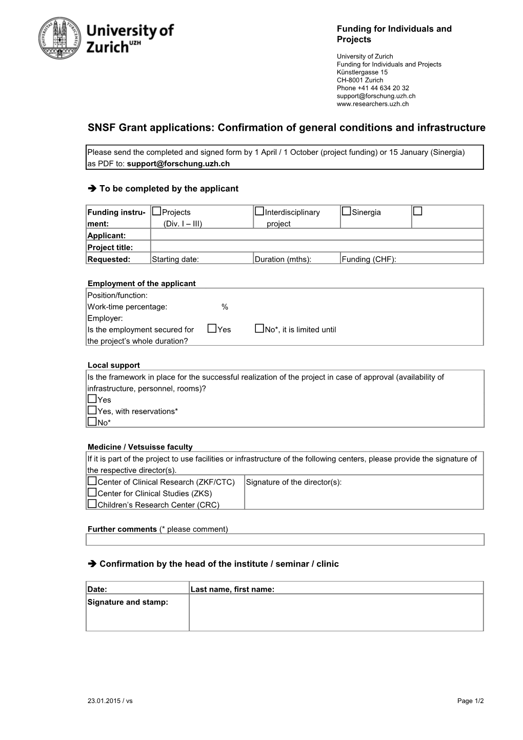 SNSF Grant Applications: Confirmation of General Conditions and Infrastructure