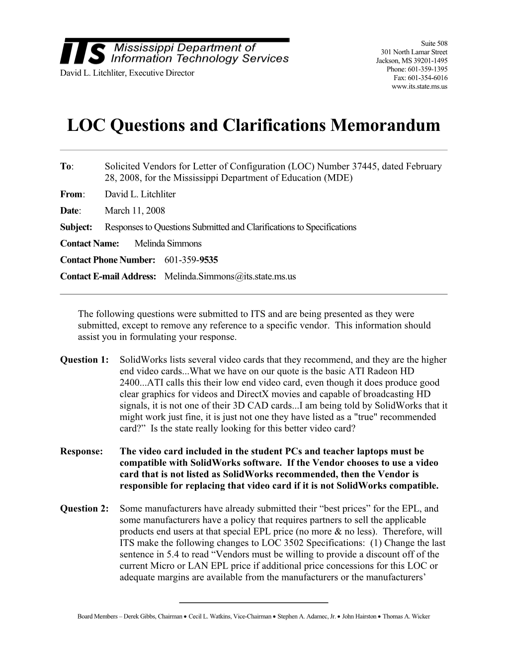 Memorandum for General RFP Configuration s1