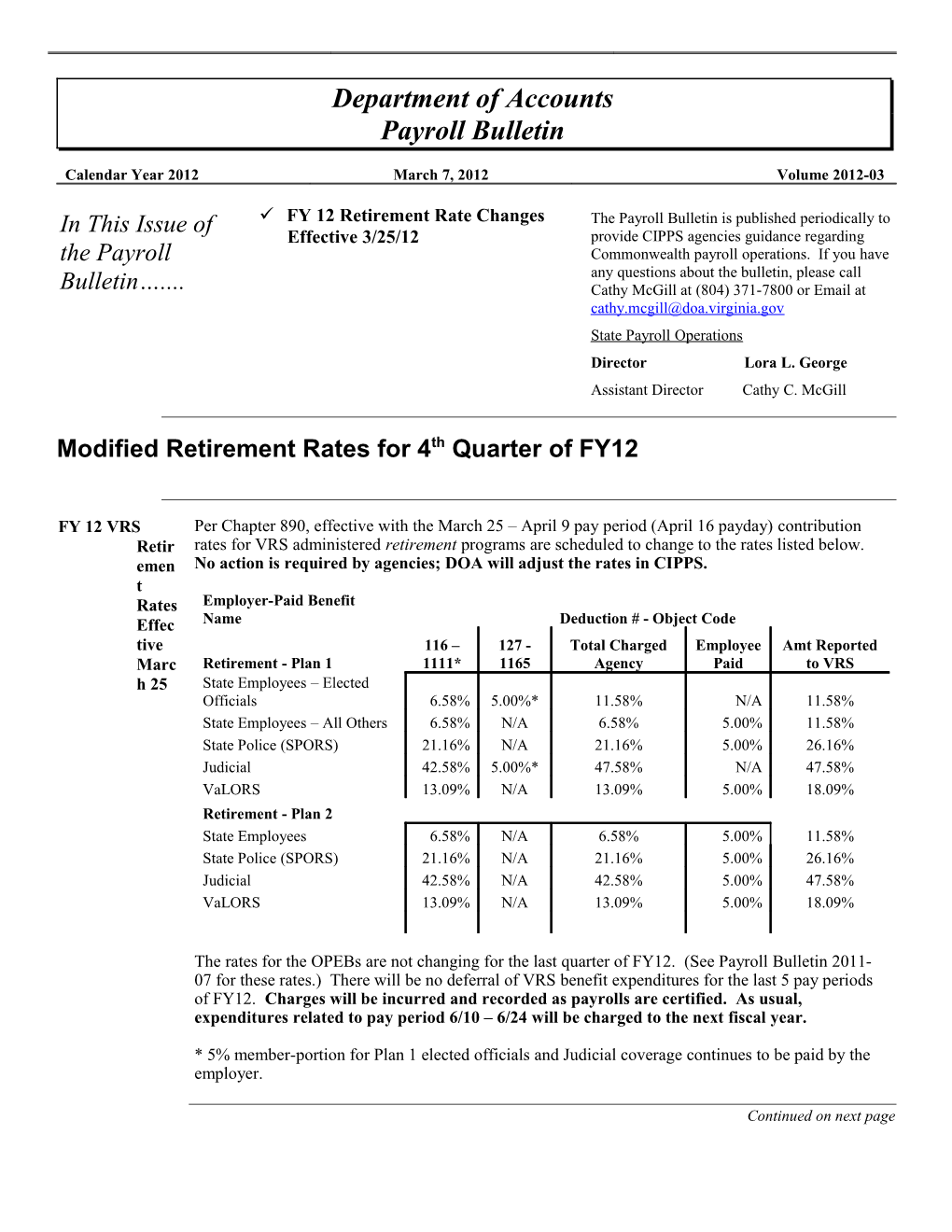 Modified Retirement Rates for 4Th Quarter of FY12