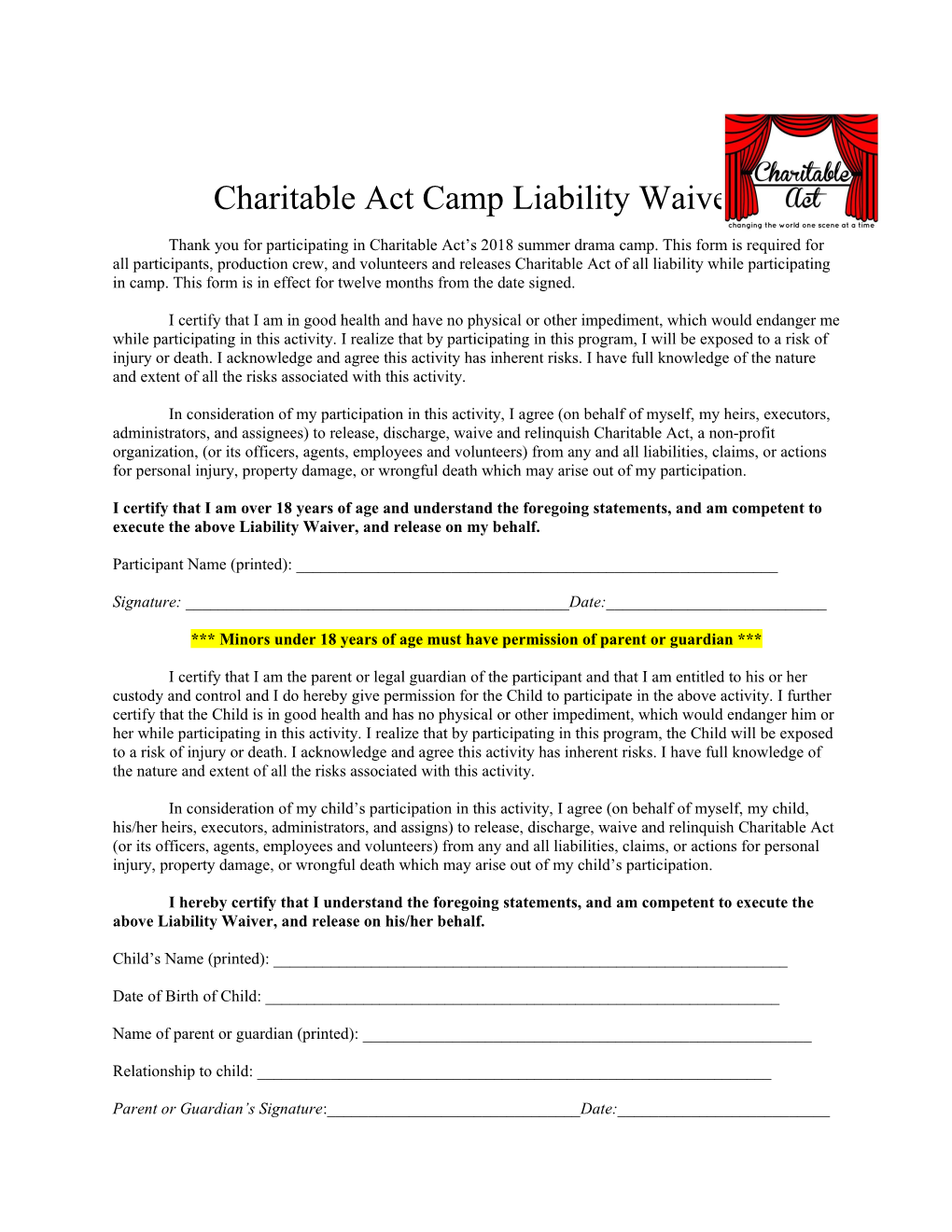 Charitable Act Camp Liability Waiver