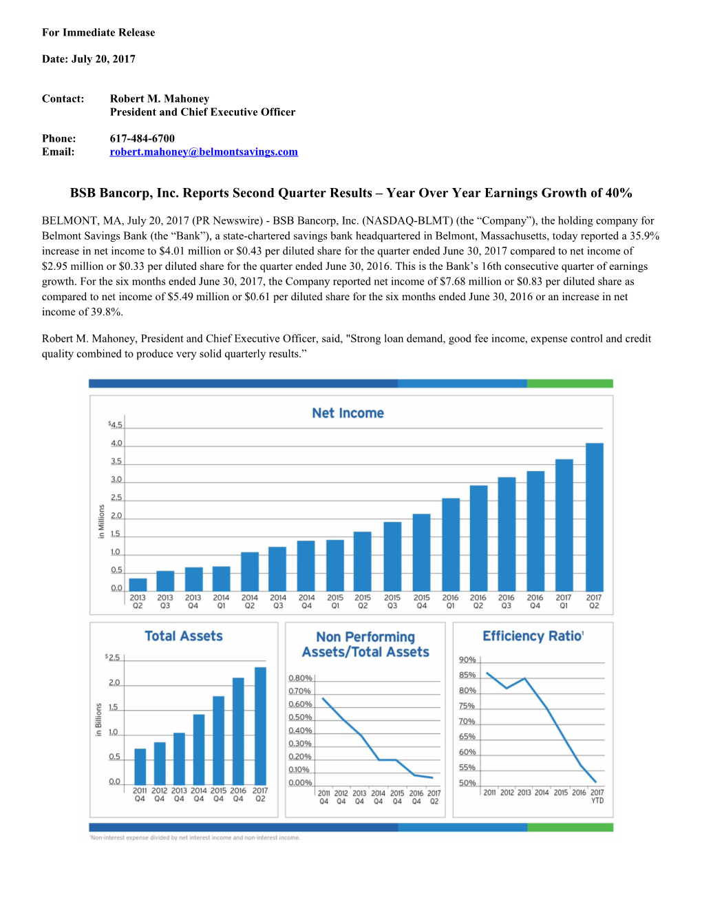 BSB Bancorp, Inc. Reports Second Quarter Results Year Over Year Earnings Growth of 40%