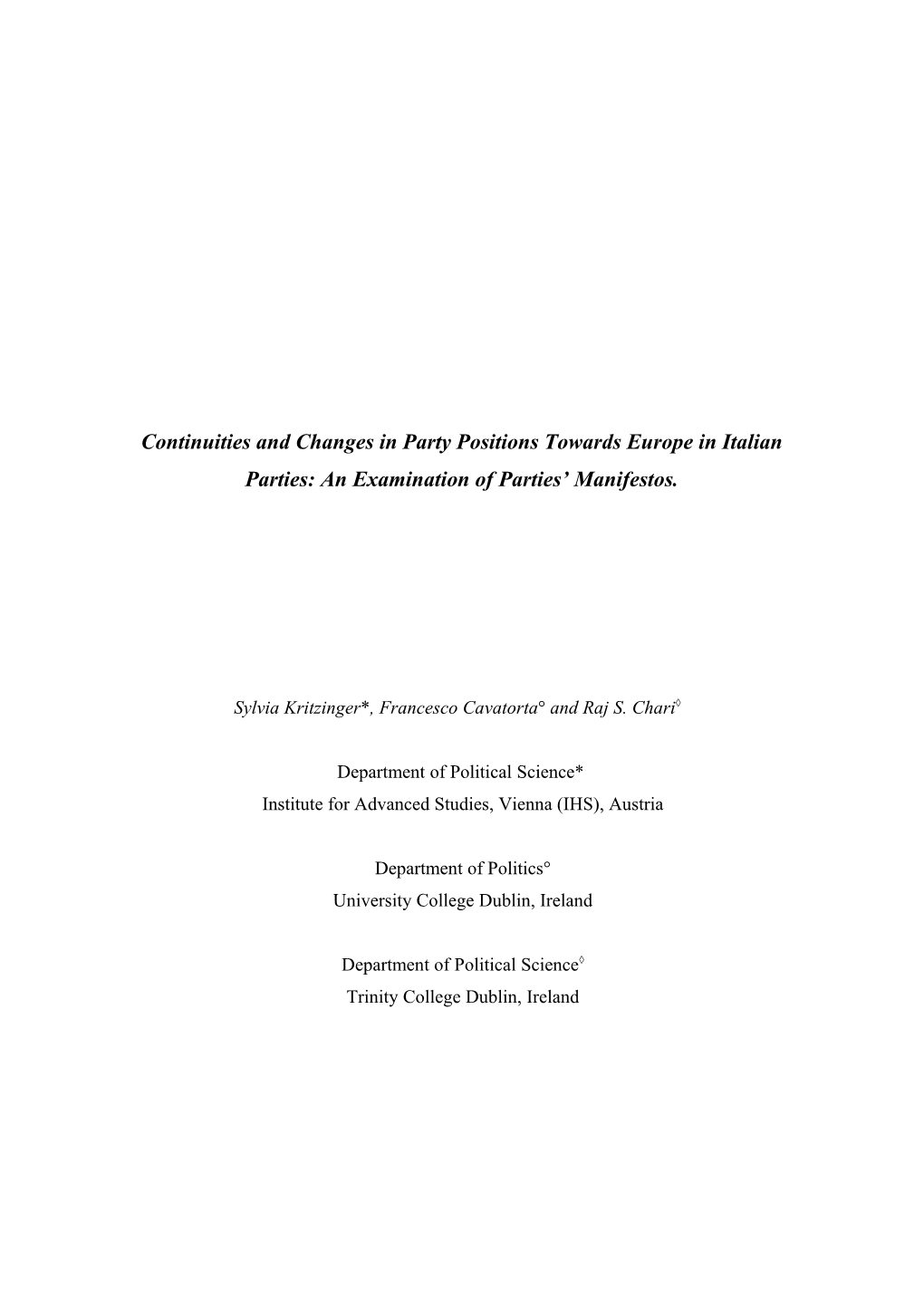 Continuities and Changes in Attitudes Towards Europe Within the Italian Political Parties