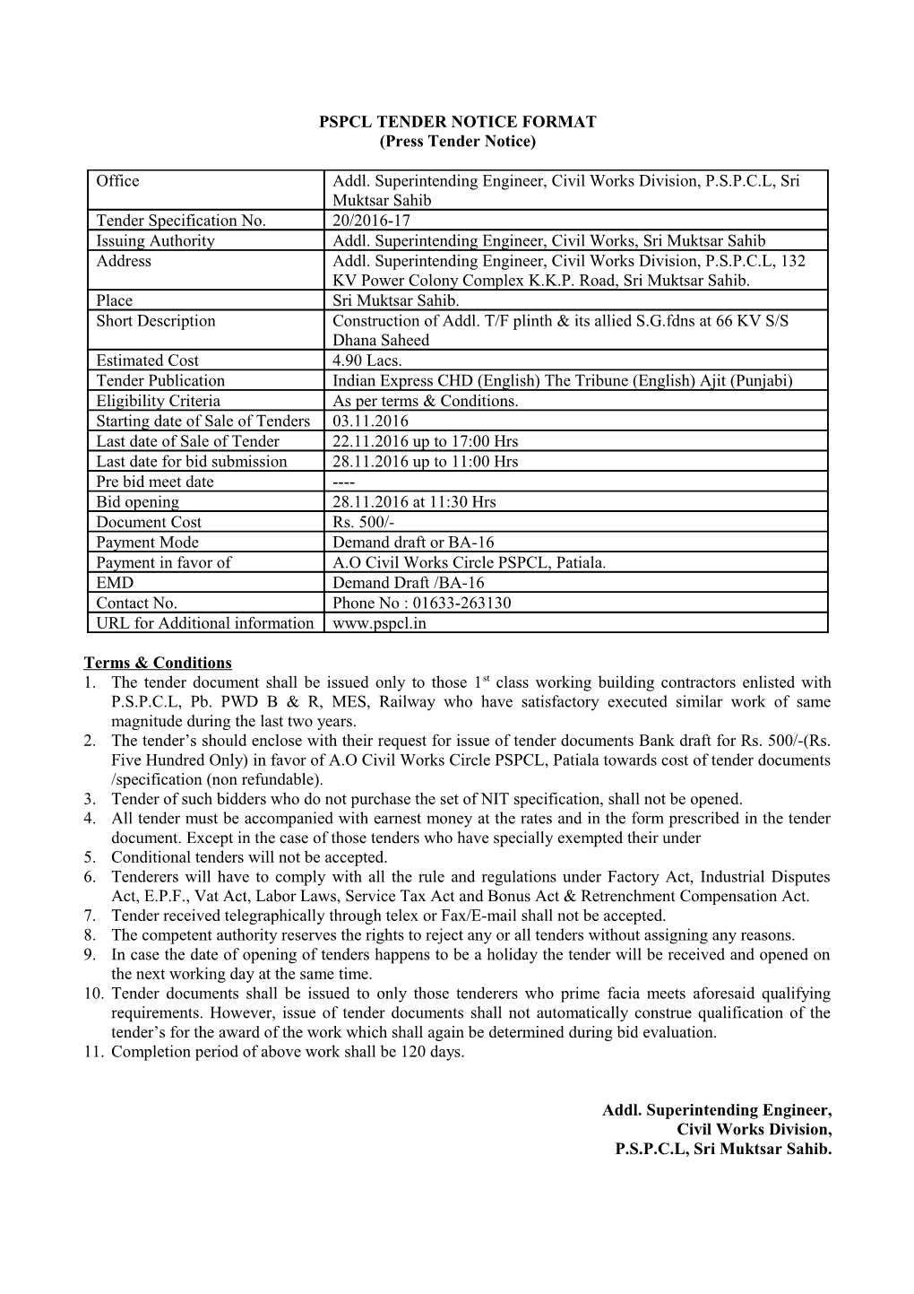 Pspcl Tender Notice Format